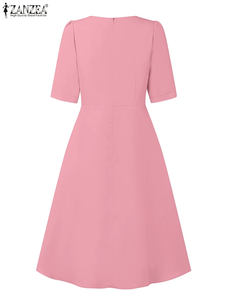 ZANZEA Elegante Frau A-linie Kleider Rundhals Halbe Hülse Ausgestattet Taille Knielangen Roben Femme Sommer Büro Tag Tragen Vestidos