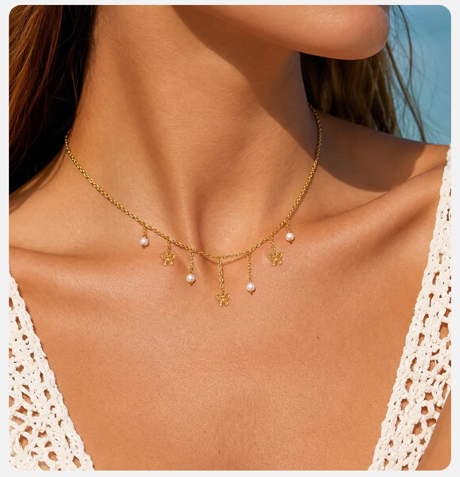 Vnox Zierliche Imitationsperlen-Quasten-Halskette für Damen, vergoldet, mit Schleifen- und Herzanhänger, Tropfen- und runder CZ-Kette, Partyschmuck – Detail 3