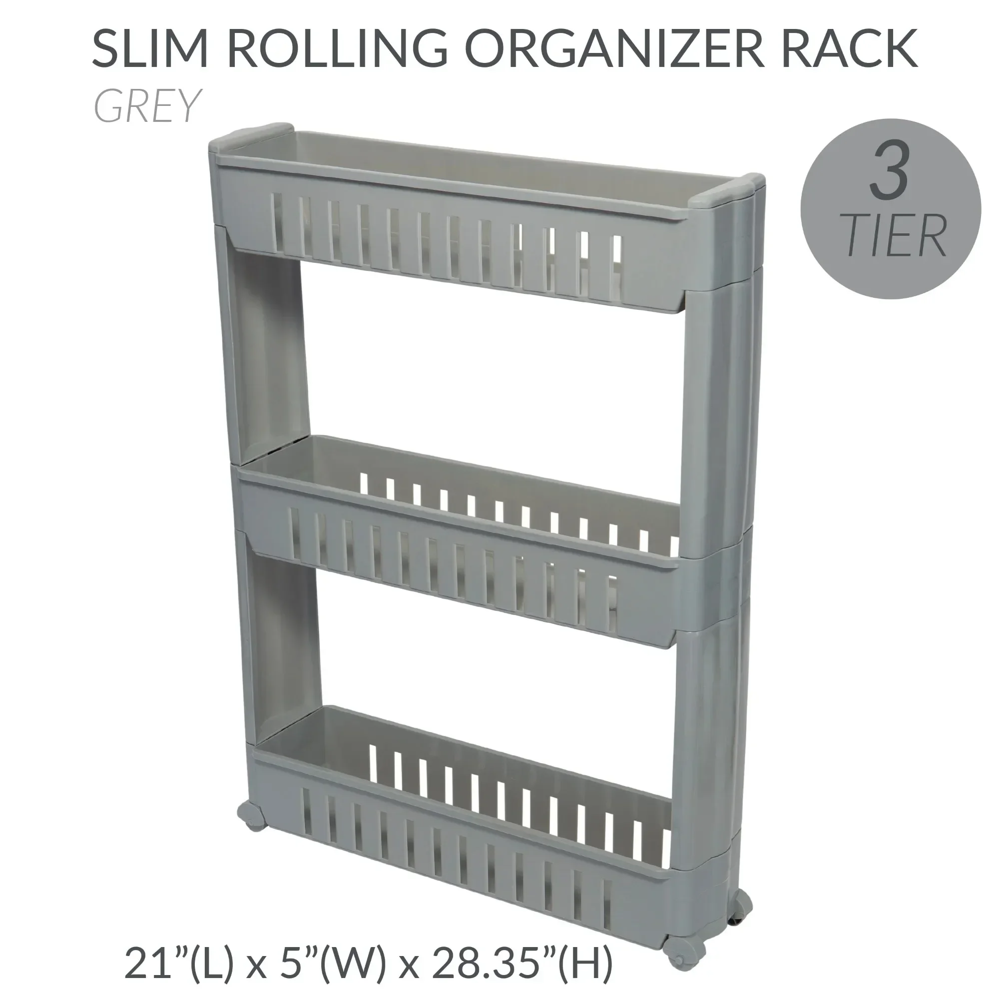 3-Tier Slim Slide-Out Plastic Storage Cart Grey - For Laundry Room & Closet Organization - Space Saving Rolling Cart
