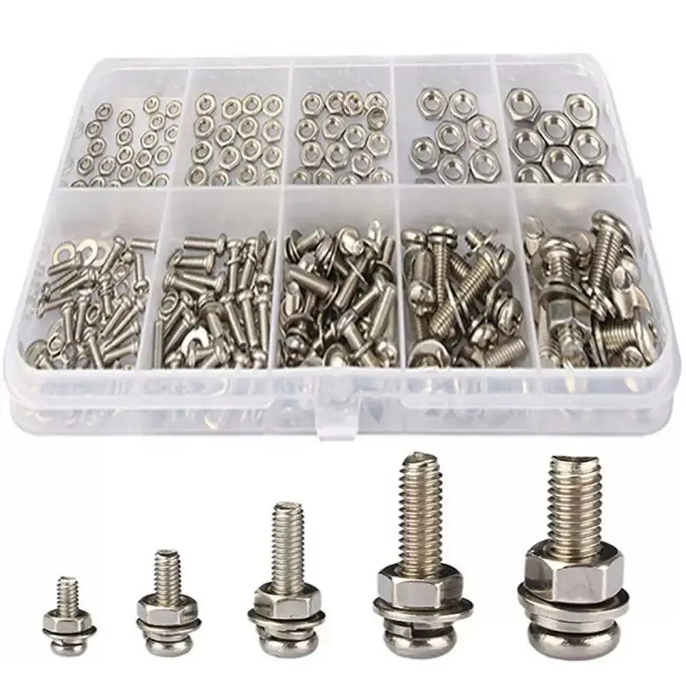 320 stks/doos Rvs Moeren Bouten Assortiment Kit Kruisvormige Ronde Kop Zilver Metic Moer en Bout Assortiment