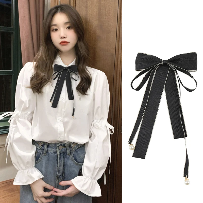 Korean Sweet Long Ribbon Bowtie Brooch Bow Tie Ribbon Ties Necktie College Uniform Shirt Blouse Collar Pin Student Accessories