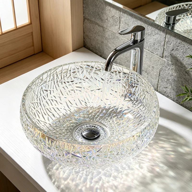 Colorful Glass Countertop Basin, with a Simple and Elegant Round Shape, the Light Passes through the Basin Body, Reflecting Dynamic Light and Shadow, Creating a Rich Atmosphere. the Three-Dimensional Ice-Crack Design Adds More Layers of Light and Shadow, Making It an Ideal Choice for Modern Bathroom Fixtures, Suitable for Dressing Rooms, Vanity Tables, and Home Bathroom Sinks, and Can Be Matched with Various Decor Styles (Accessories Not Included)
