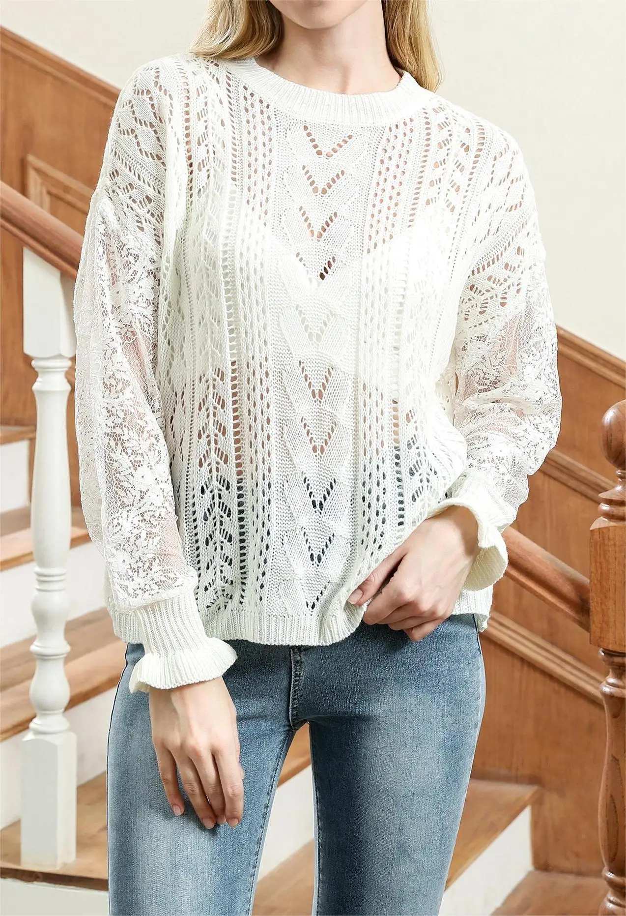 

Женский вязаный свитер с длинными рукавами в богемном стиле. Женский кружевной ажурный вязаный пуловер. Женский топ, модель 2025 года.