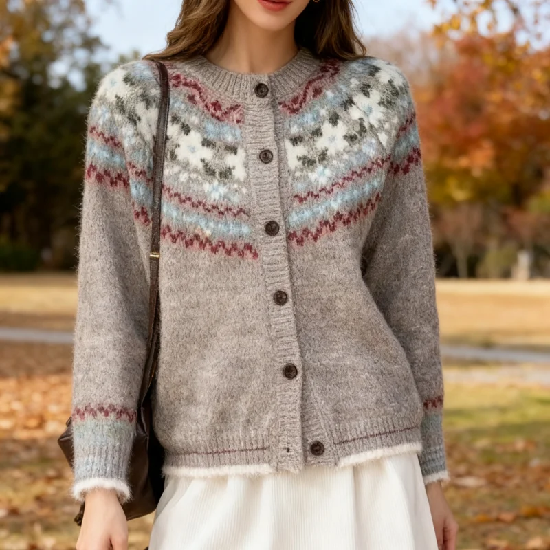 

Зимний модный повседневный милый женский кардиган с длинными рукавами, осенний повседневный вязаный топ в стиле ретро с круглым вырезом, элегантный вязаный свитер, пальто