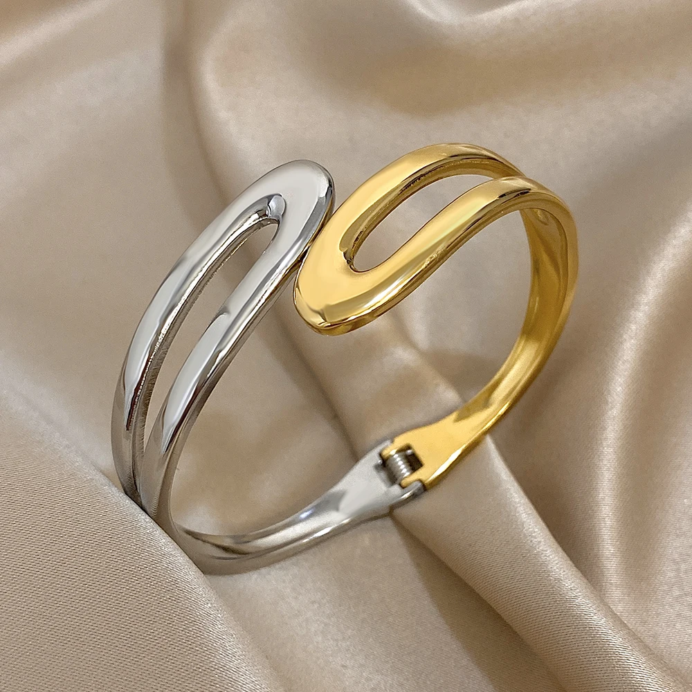 

Greatera Geometry Hollow Out Stainless Steel Spring Cuff Bracelet For Women Men Two Tone Original Design Charm Bangle Jewelry