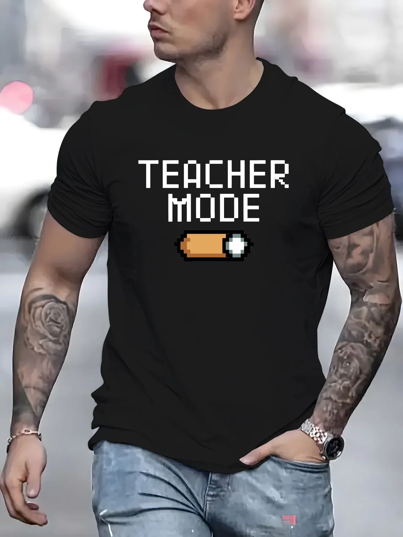 Teacher Men Short Sleeve Tshirt Teacher Mode Pixel Toggle Switch Game Font Print O Neck Tee Educator Male Casual Fashion Tops