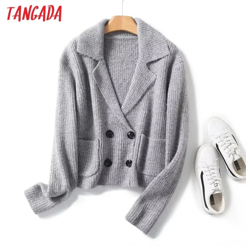 Tangada Women Solid Gray Crop Cardigan Sweaters Female Thick Jumper Outwear 4C304