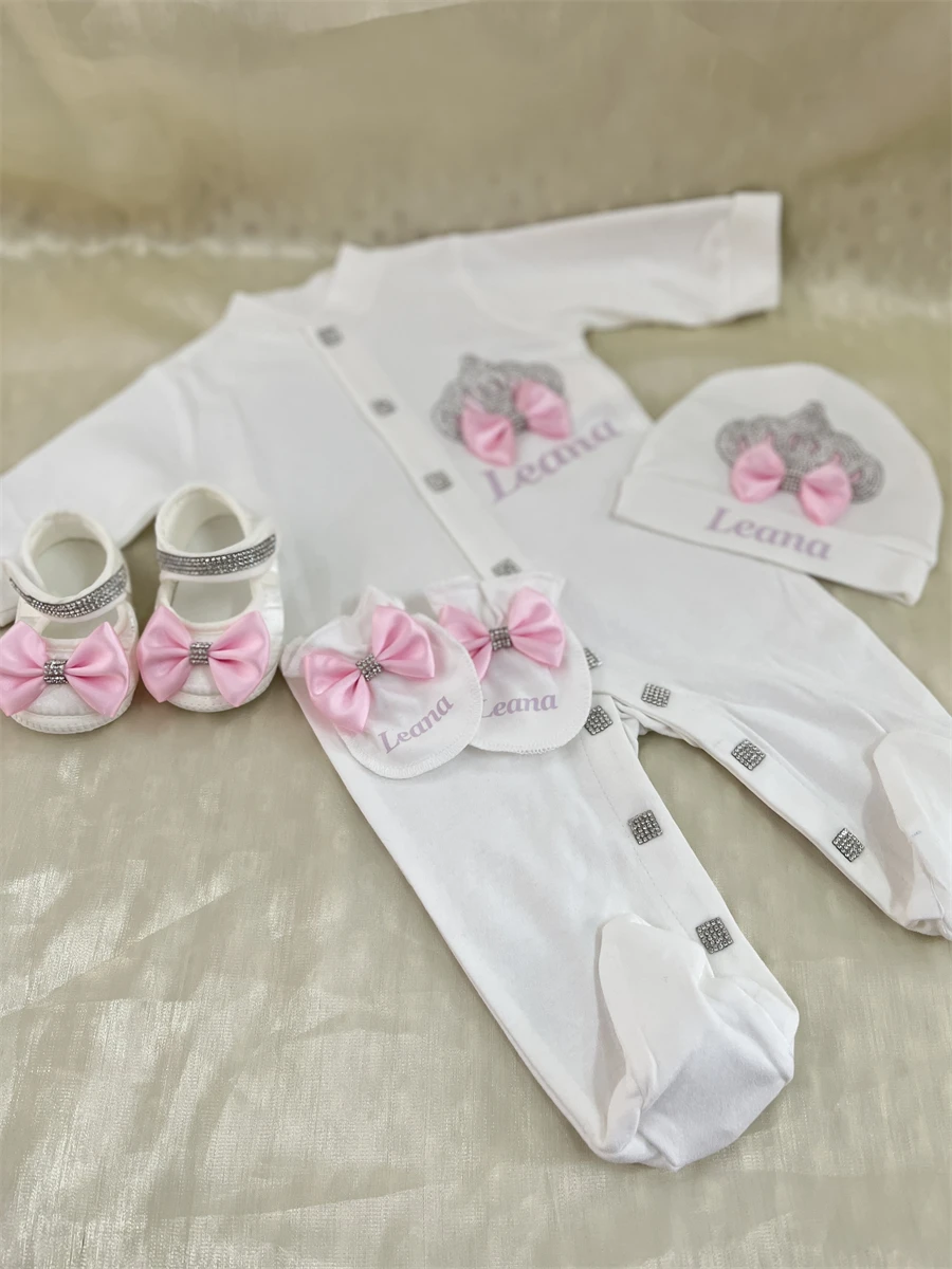 Dollbling Champage Newborn Baby Personalized Outfits 4 Pieces Origin Turkey Welcome Home Hospital Crown Jewelry Romper Set