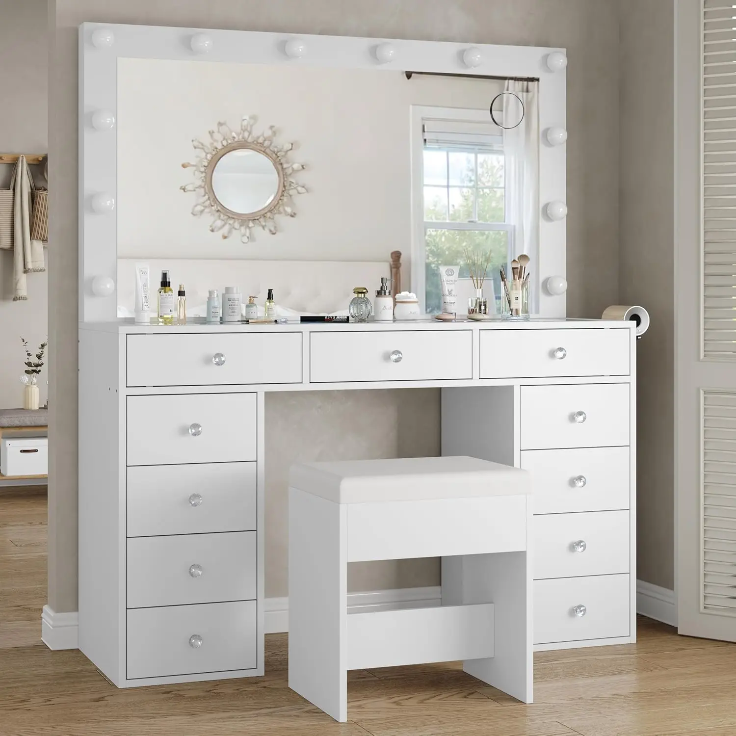 Vanity Desk & Power Outl, Makeup Vanity with Mirror and 12 LED Lights, Makeup Table with 11 Drawers, Table with Chair