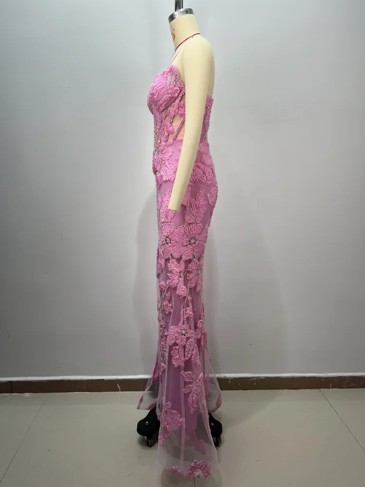 Luxuriöse rosa Spitze-Applikationen-Abendkleider für Frauen, trägerloses Korsett, formelles Kleid, hoher Schlitz, Abendkleid, langes Partykleid 2023