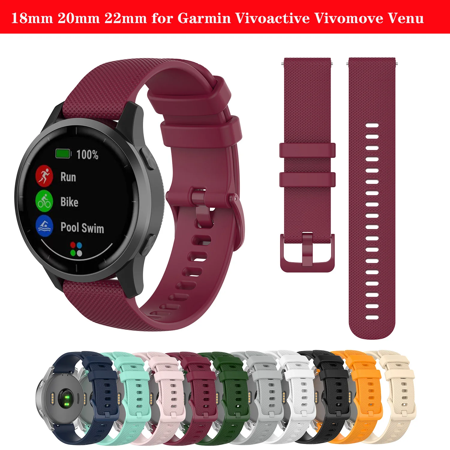 

Ремешок силиконовый для смарт-часов Garmin Vivoactive 3 4 4S Vivomove 3S benz 2 SQ SQ2 Forerunner 265 255 245 645, 18 мм 20 мм 22 мм