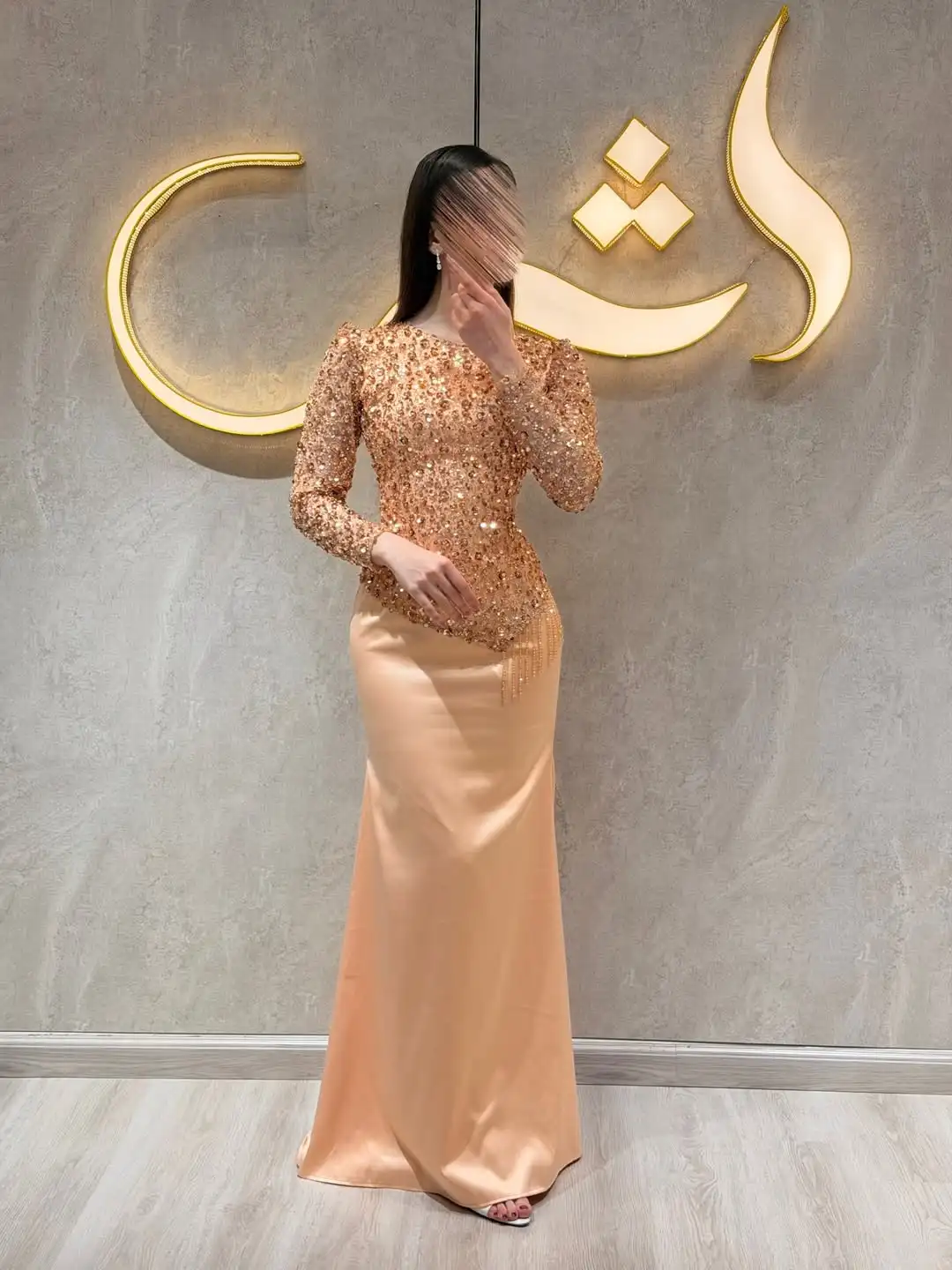 Ailbxn Customized Formal Charmeuse Pleat Sequined Mermaid O-Neck Long Bespoke Occasion Evening Dresses Sparkle Matching
