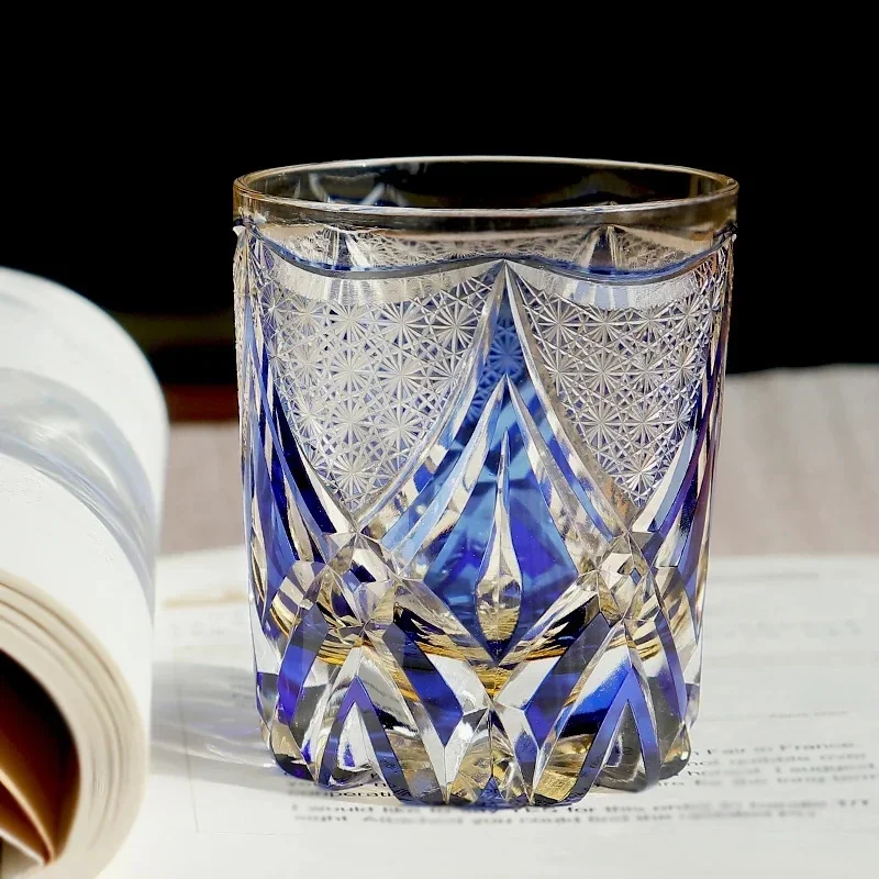 Luxury Hand Engraved Edo Kiriko Blue Whiskey Glass Old-Fashioned Japanese Crystal Barware Whisky Gift 250ml Dropshipping