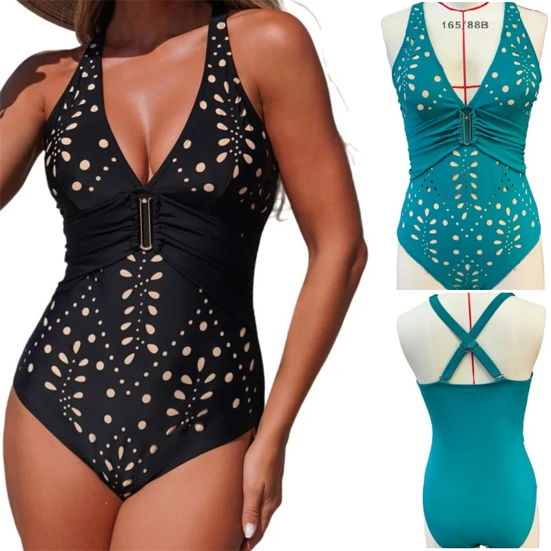 

2026 Women's One Piece Swimsuit V-Neck Crisscross Back Swimwear Push Up Full Coverage Slimming Bathing Suit