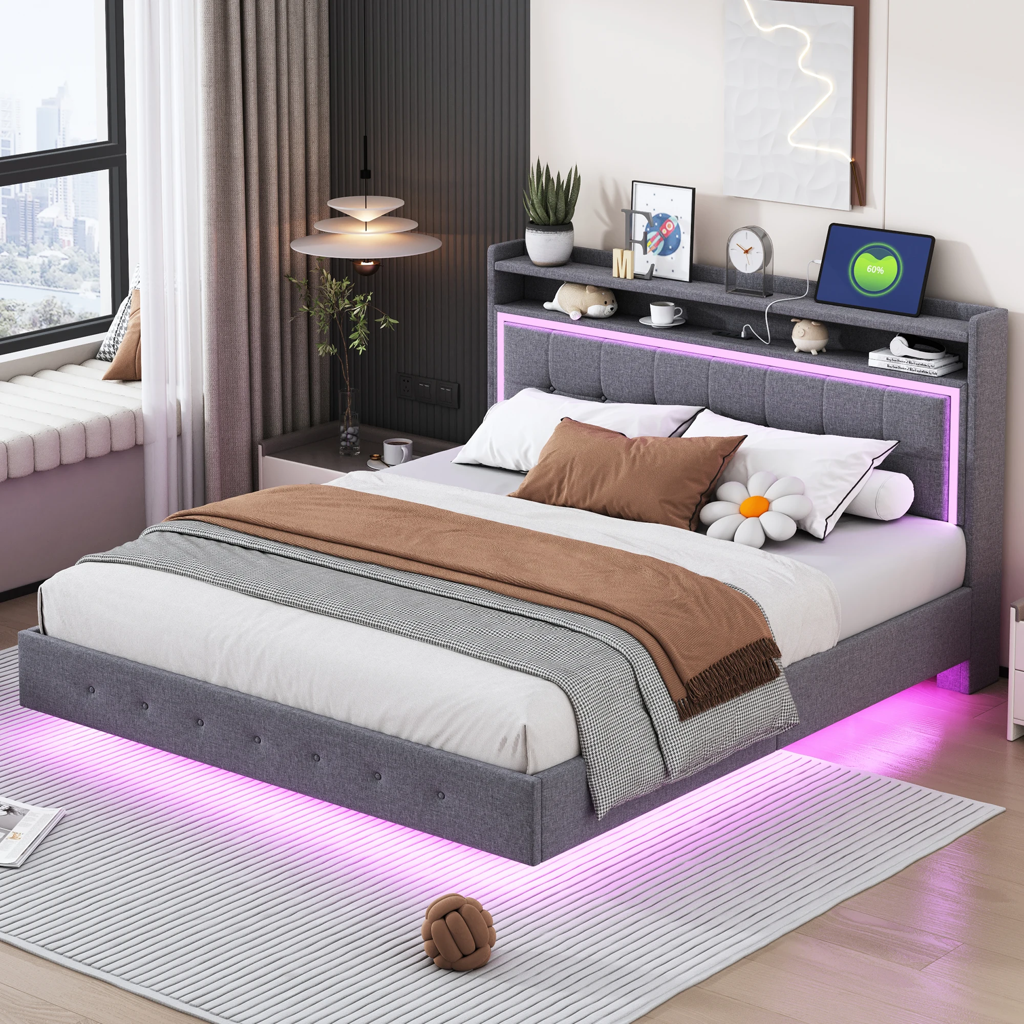 Lit double 160x200 cm - lit rembourré avec LED intégrées, USB et pieds cachés Lin Gris