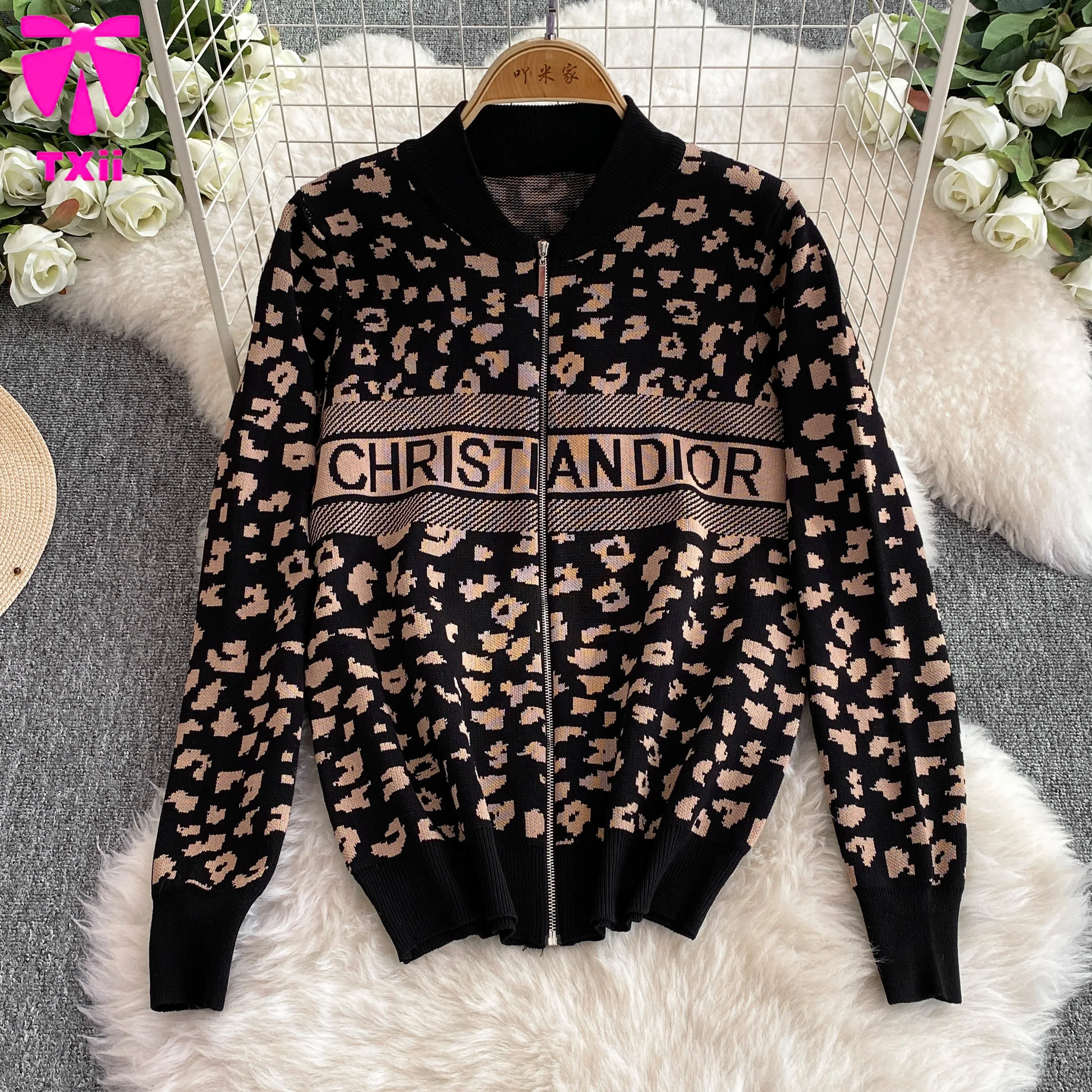 TXii Chic Fashion Korean 2PC Suits Ladies O-Neck leopard-print Knitting Cardigan+High Waist Wide Legs Pants Basic Casual Sets