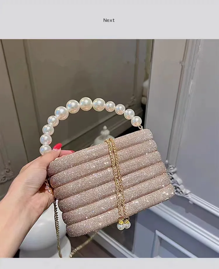 Crystal Metal Evening Clutch Bags Women Boutique Pearl Handle Shiny Color Blocking Rhinestone Purses And Handbags Bridal Wedding