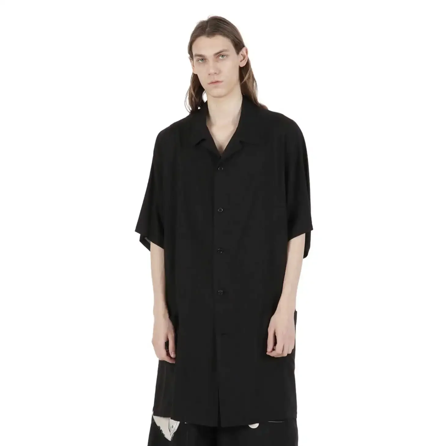 

YOJI OOAK Men's Cuban collar dark tie Tensilk casual plus-size five-quarter sleeve silhouette thin short-sleeved shirt