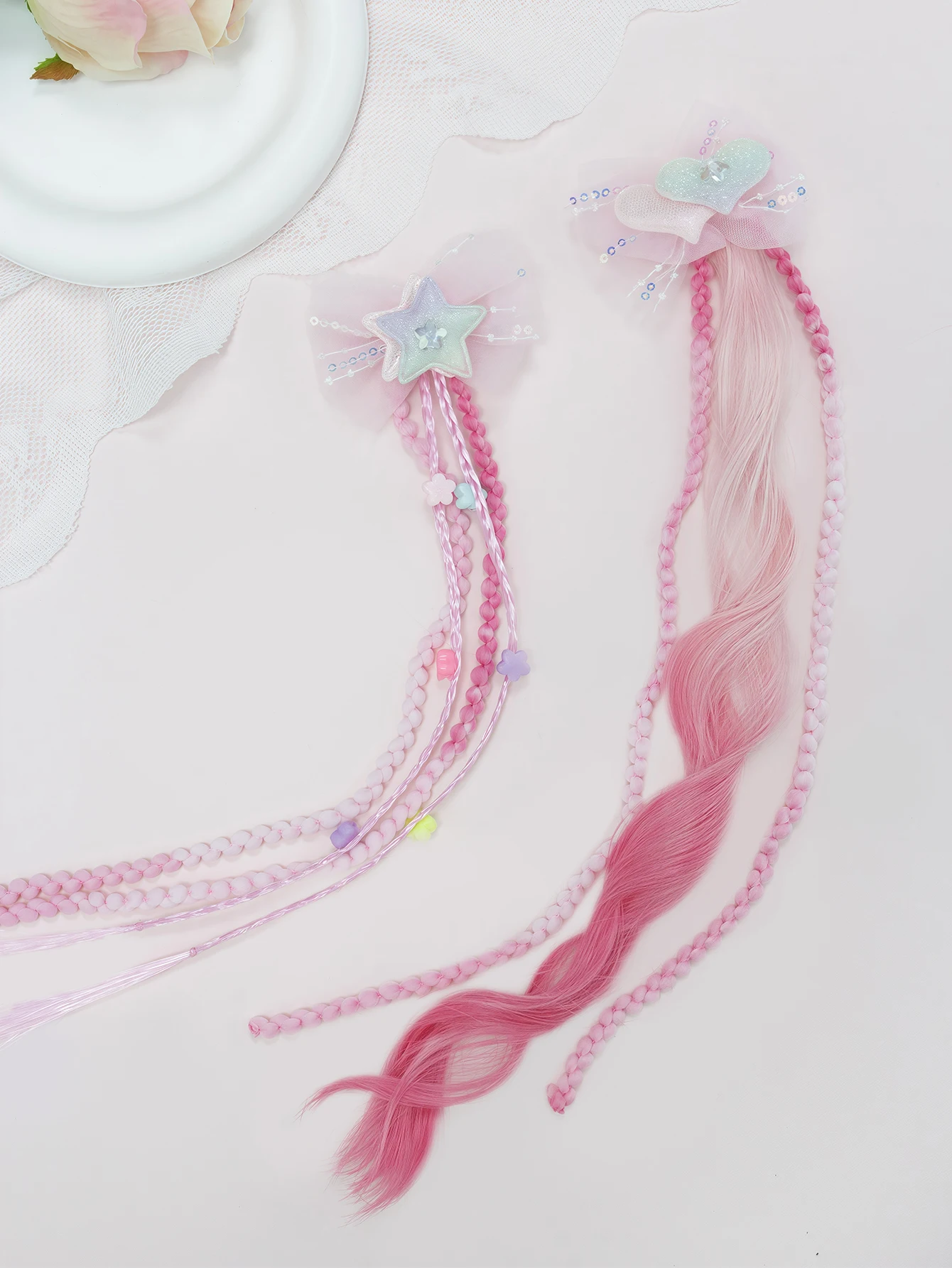 1pc Pink Tulle Sequin Bow Hair Clip - Gradient Heart/Star Design with Curly/Braided Extensions - Versatile for Daily, Stages.