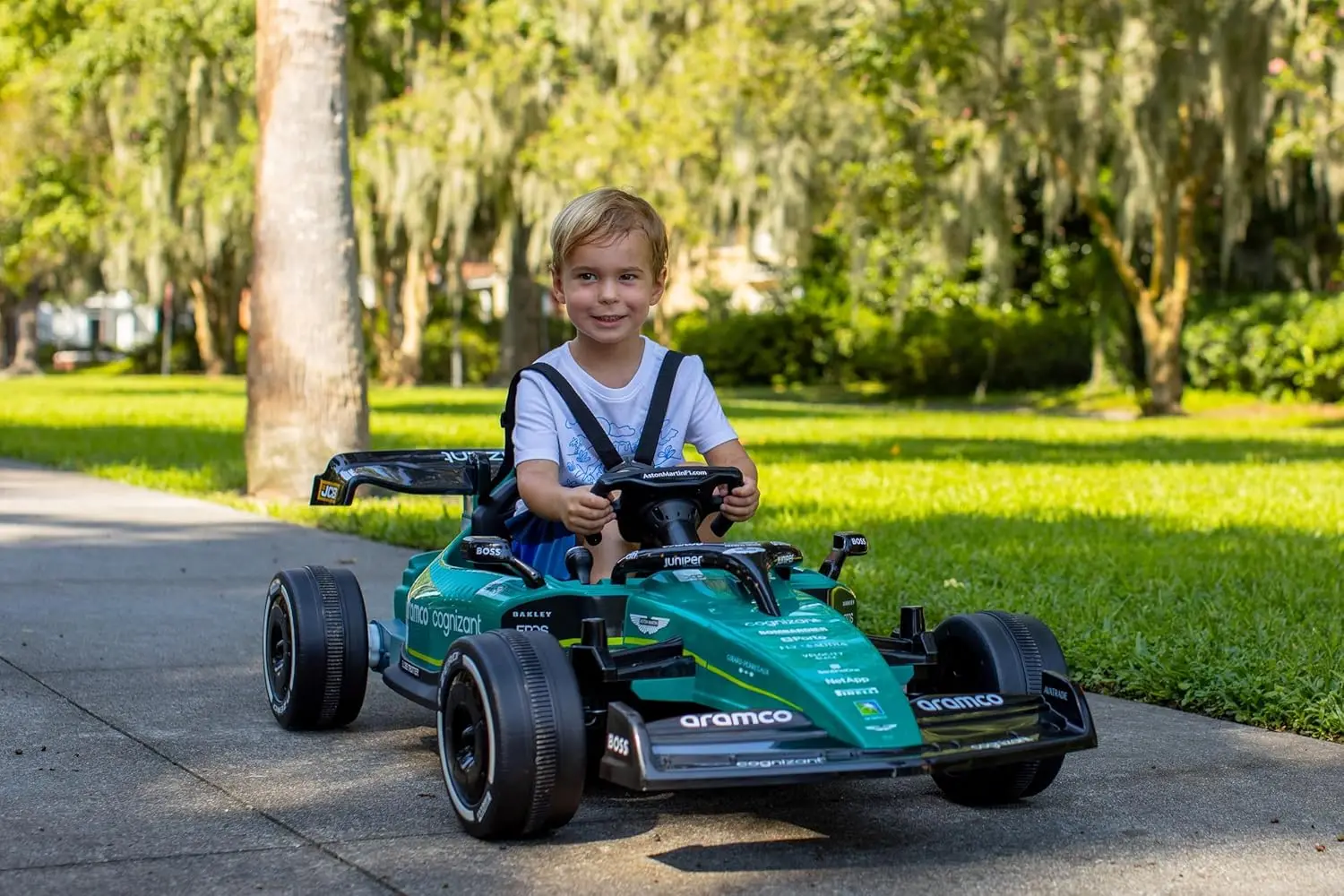 Voiture de course d'équipe Aston Martin Aramco Fórmula Uno 12 V pour 3 à 8 ans, avec télécommande