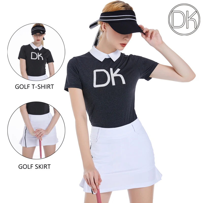 

DK Summer Short-sleeve Golf T-shirt for Women Slim Polo Tops High Waist Golf Pencil Skirt Lady A-lined Skort Golf Clothing Sets