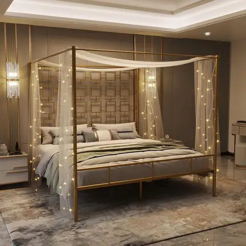 King Size Metal Four-Poster Canopy Bed Frame with Headboard, Footboard, Underbed Storage, No Box Spring Needed, Easy Assembly, G