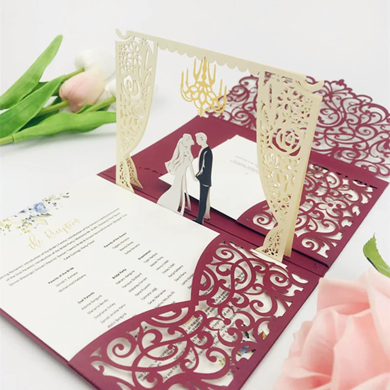 Imagem -02 - Personalizadas 3d Pop-up Cartão de Convite de Casamento Tri-fold Laser Borgonha Bolso Noiva e Noivo Cartão de Convite Ic162 50 Peças