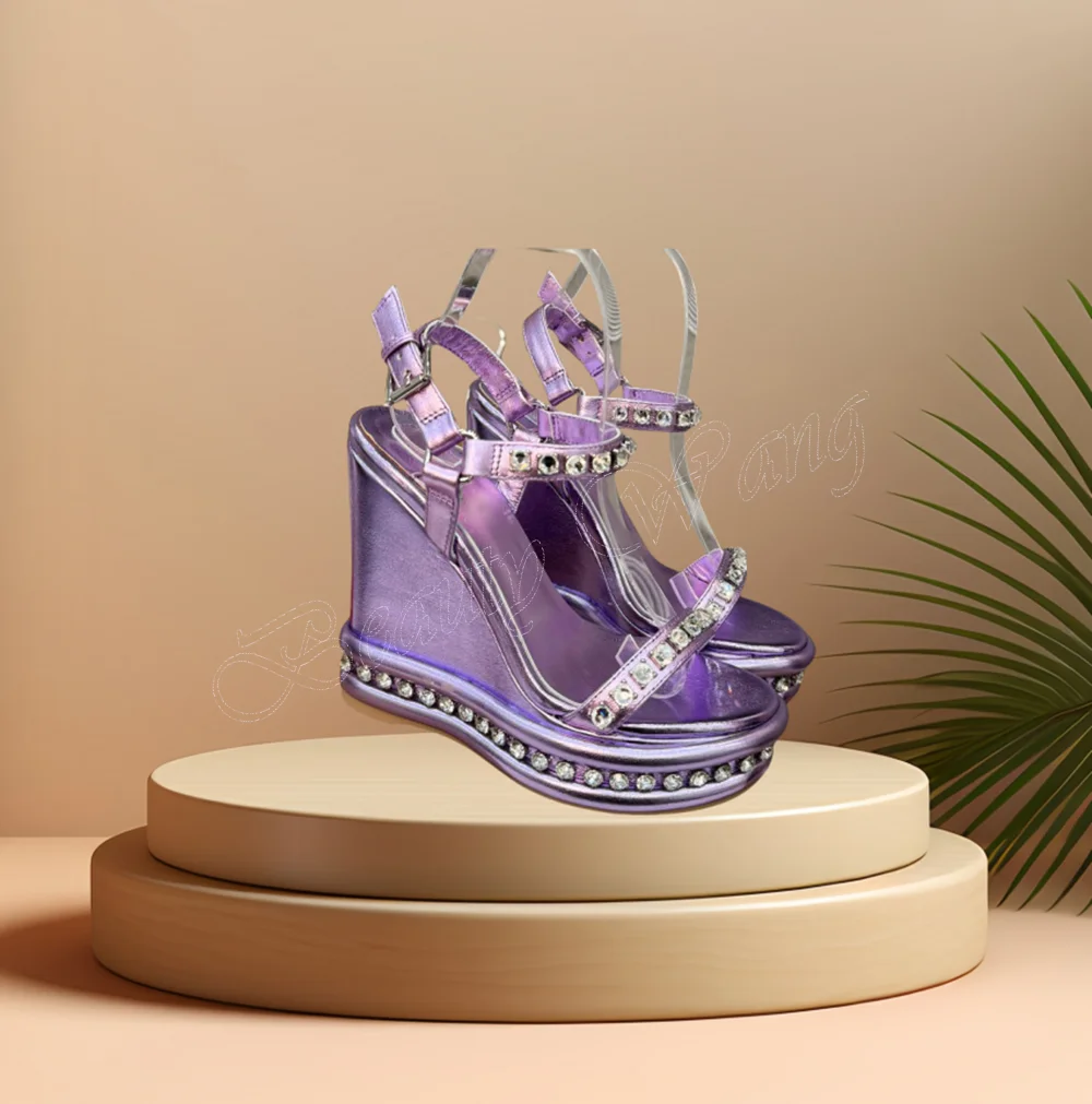 Purple Crystal Decor Wedges Heel Sandals Solid Spike Heel Round Toe High Heel Shoes for Women High Heel 2024 Zapatillas Mujer