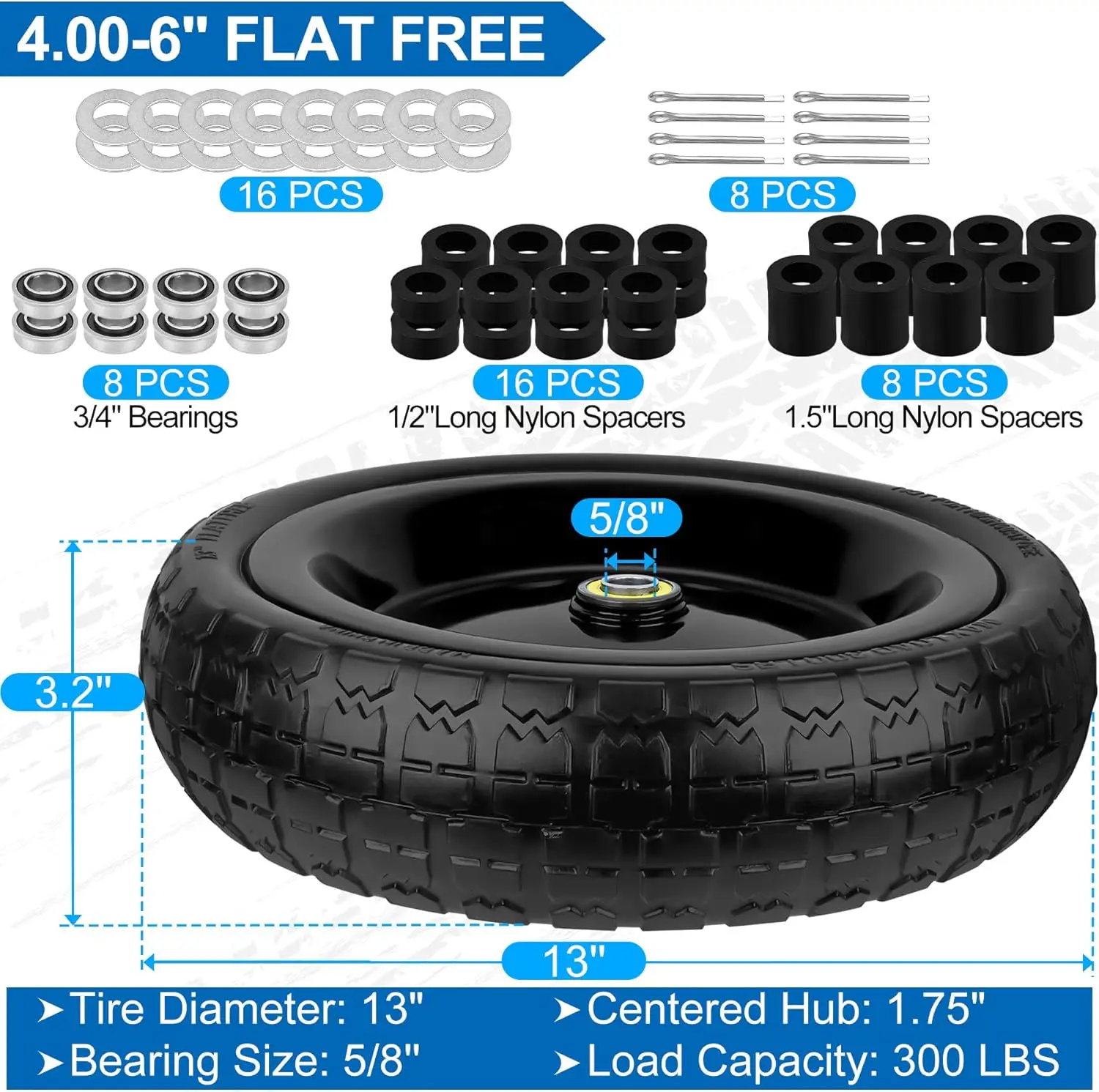 Rodas sólidas sem chapas de 13 polegadas, pneus 4.00-6 com furo de eixo, espaçadores e pinos para carrinho de mão, carrinho de jardim - pacote com 4