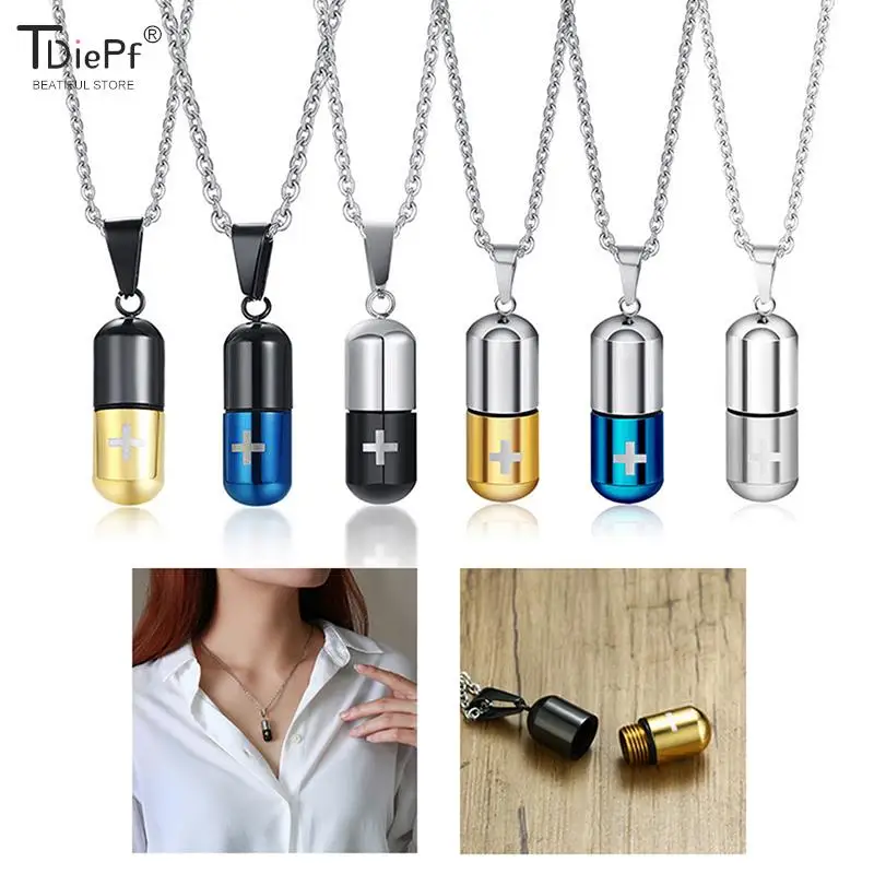 1PCS  Waterproof Pill Bottle Necklace Pendant Memorial Hollow Tube Stainless Steel For Men Women Jewelry Pill Bottle Case Holder