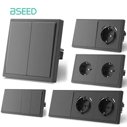 BSEED Large Button Switches EU Standard Wall LED Light Switch USB Phone Charge Port 5V Wall Power Socket Gray E-Series Plastic