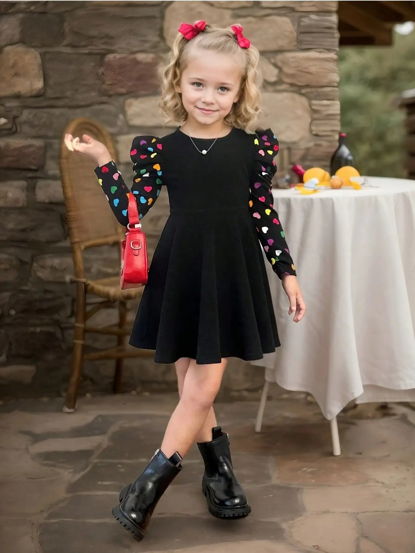 Elegant girls' knitted dress, long sleeved round neck ruffle style, colorful heart-shaped print, popular style
