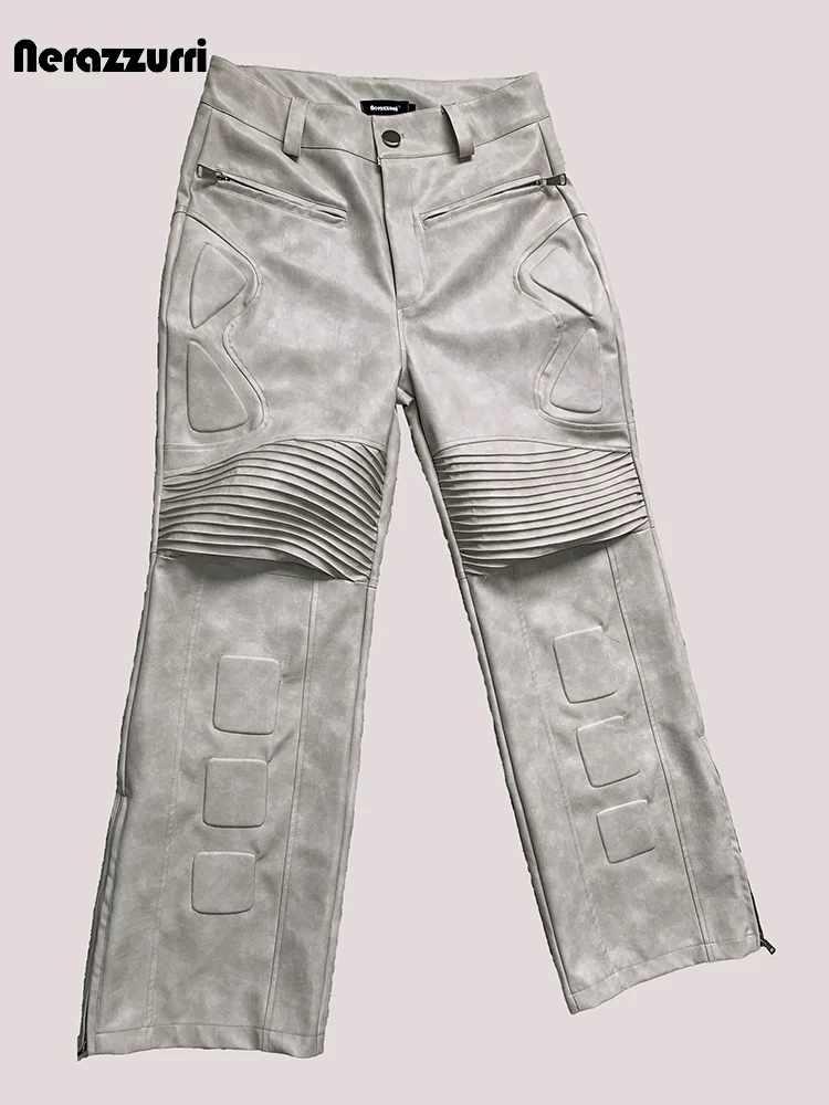 Nerazzurri Autumn Cool Handsome Long Distressed White Pu Leather Pants Men Luxury Designer Emo European Fashion Streetwear 2025