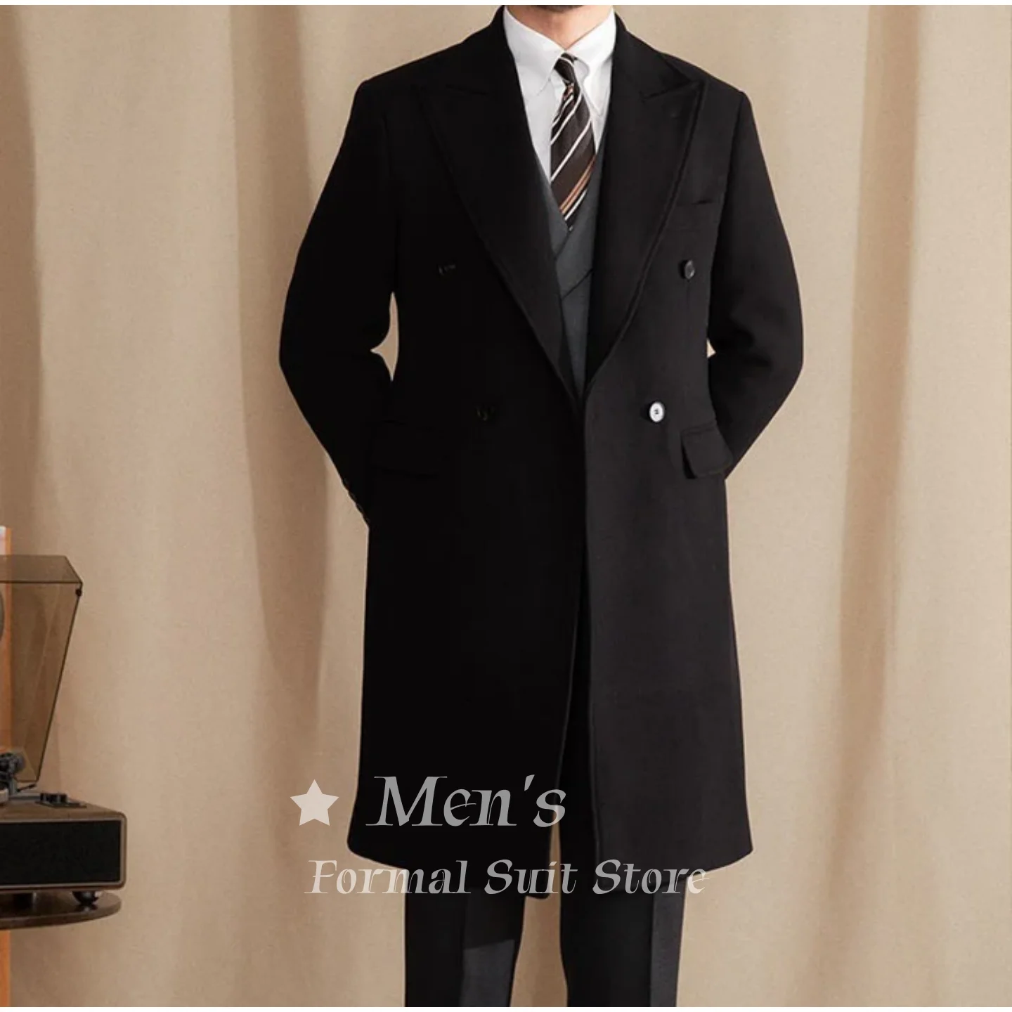 

Vintage Men's Black Double Breasted Wool Overcoat Mid Long Peak Lapel Formal Business Winter Trench Coat Prom Customized