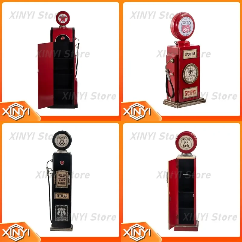 Personalized Red Wooden 4-Tier Storage Shelf CD Racks with Lamp Handmade Antique Gas Pump Storage Cabinet for Home Office