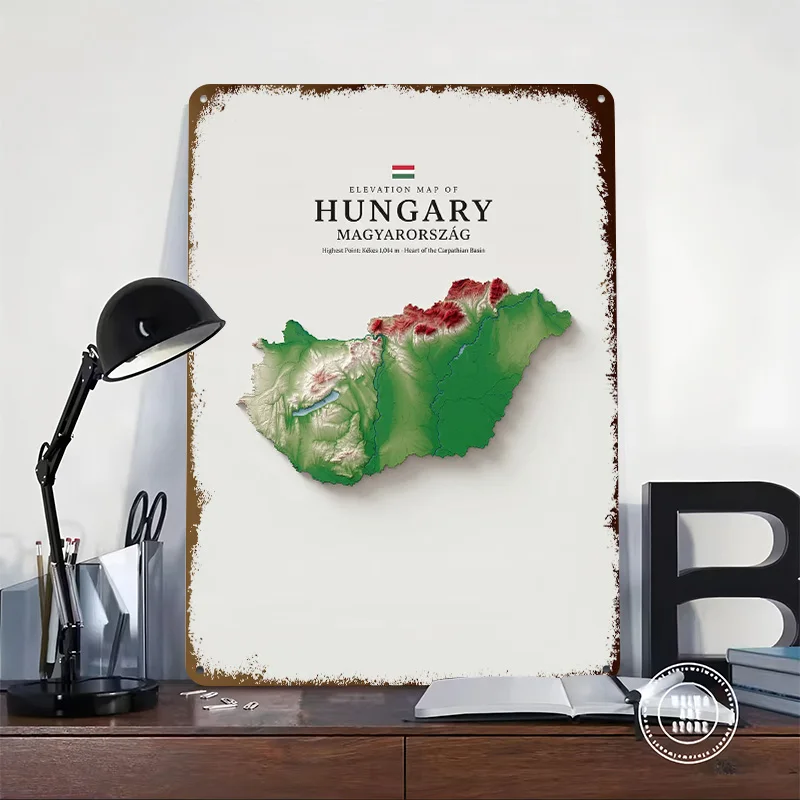 Elevation Map of Hungary Poster Retro 3D Printed Metal Signs Customized Wall Hanging Gift for Interior Decoration Living Room
