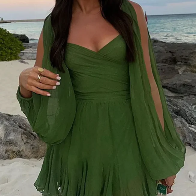 

Women's Dress New Sexy Spicy Girl V-Neck Lantern Sleeve Hollow Off Shoulder Casual Dress Leisure Vacation Style Elegant Dress