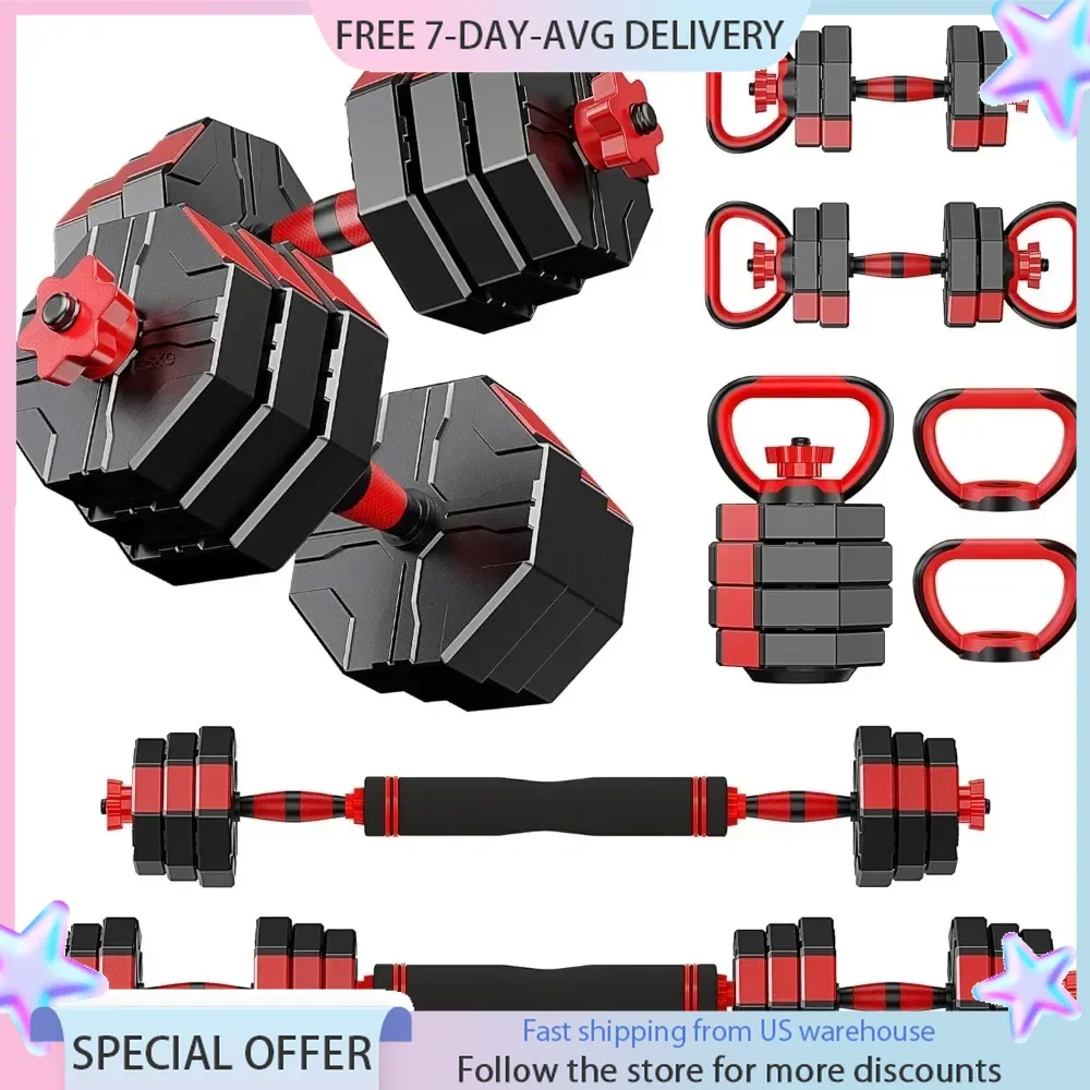 Adjustable Dumbbell Set 4-in-1 – Octagonal Anti-Roll Design, Non-Slip Grip, Versatile Weights with Barbell, Kettlebell, Push-Up