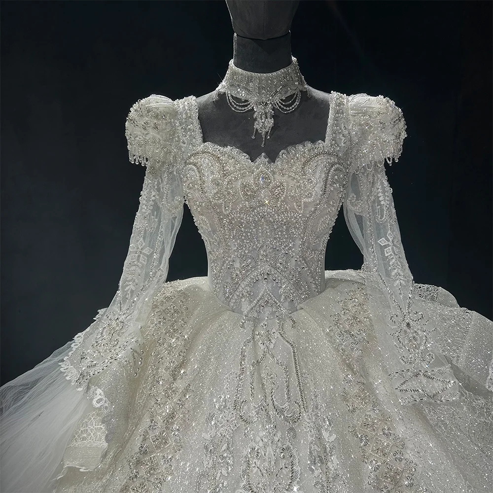 Robe de mariée à paillettes de luxe pour femmes, robe de Rhprincesse, col carré, perles perlées, manches longues, patients, quelle que soit la robe de mariée