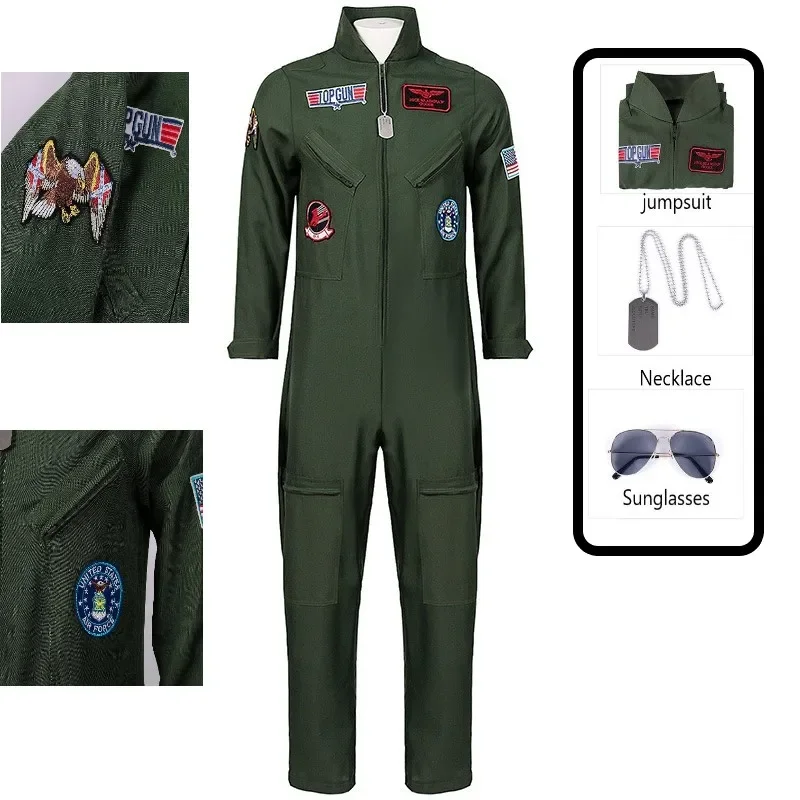 Top Gun Movie Cosplay American Airforce Uniform Halloween Costumes for Men Adults Children Army Green Pilot Jumpsuit Astronaut