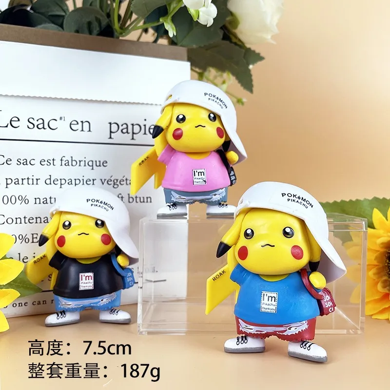 

3Pcs Pokemon Desktop Cool Pikachu Figure Doll Hooded Backpack Tide Clothing Pikachu Pokemon Anime Peripheral Toys Ornaments