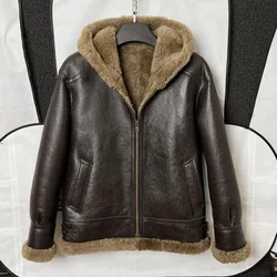 Real Wool Sheepskin Shearing Motor Coat for Man Genuine Leather Lamb Skin Jacket for Male Hood Brown Plus Size XXXXXXXL 6XL 7XL