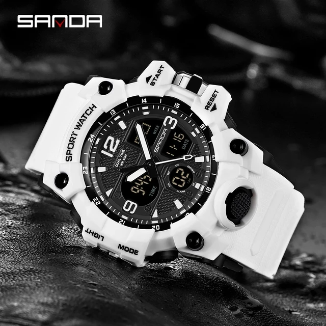 SANDA relojes militares para hombre reloj deportivo blanco LED Digital resistente al agua hasta 50M S Shock Masculino AliExpress