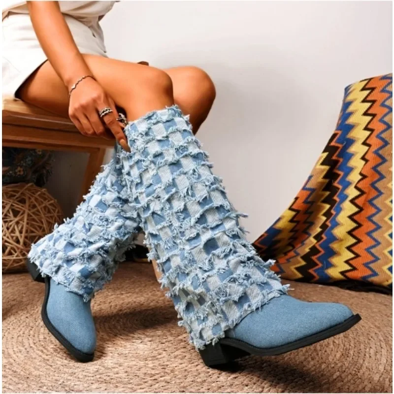 New Style Fashionable Chunk Leather High Boots Women Knee High Pointer Toe Heels Shoes Woman Trend Luxury Boots Pumps Snow Boots