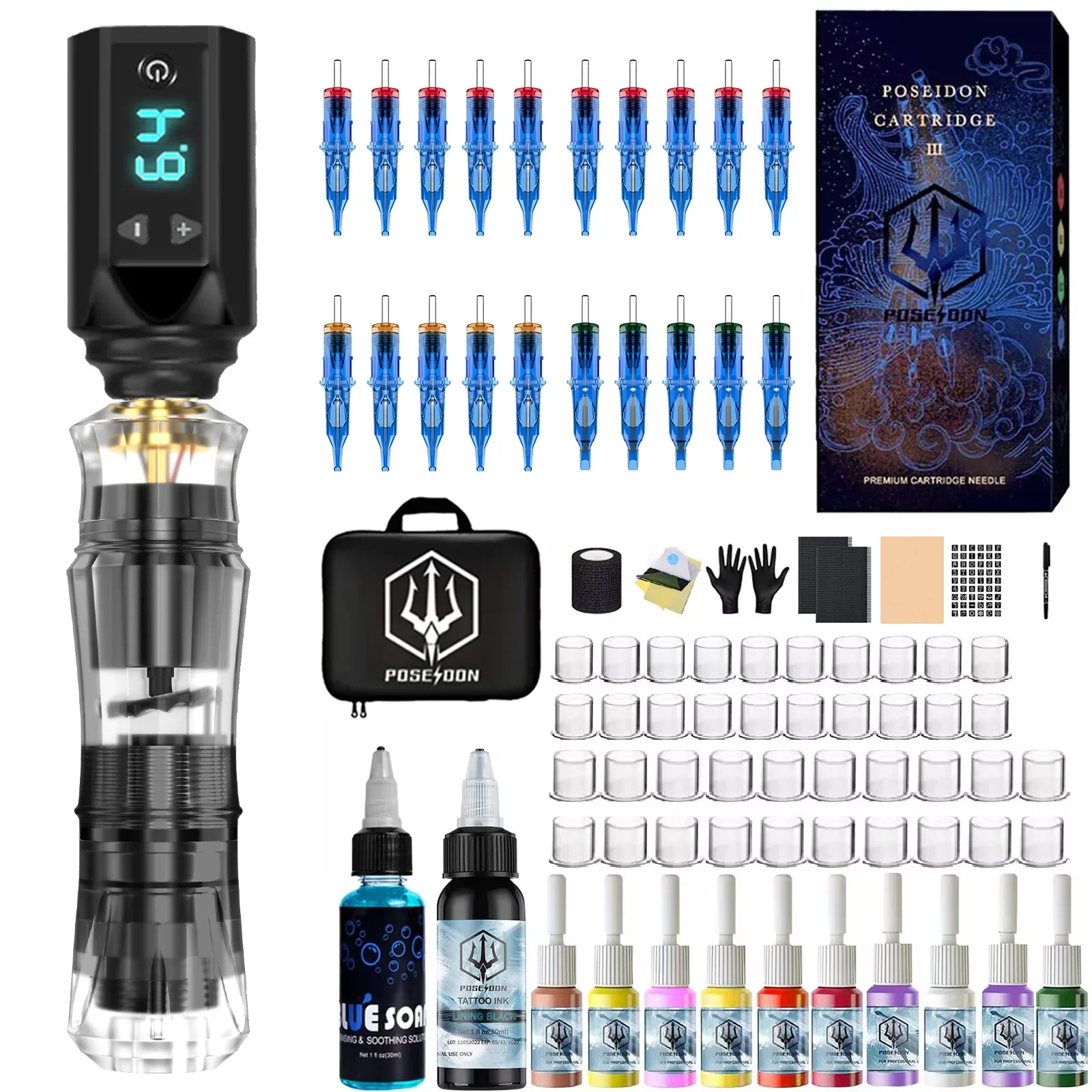 Tattoo-Set POSEIDON Neues Tattoo-Pen-Set für Permanent-Make-up-Tattoo-Maschinen-Set Transparentes Tattoo-Netzteil Tattoo-Set