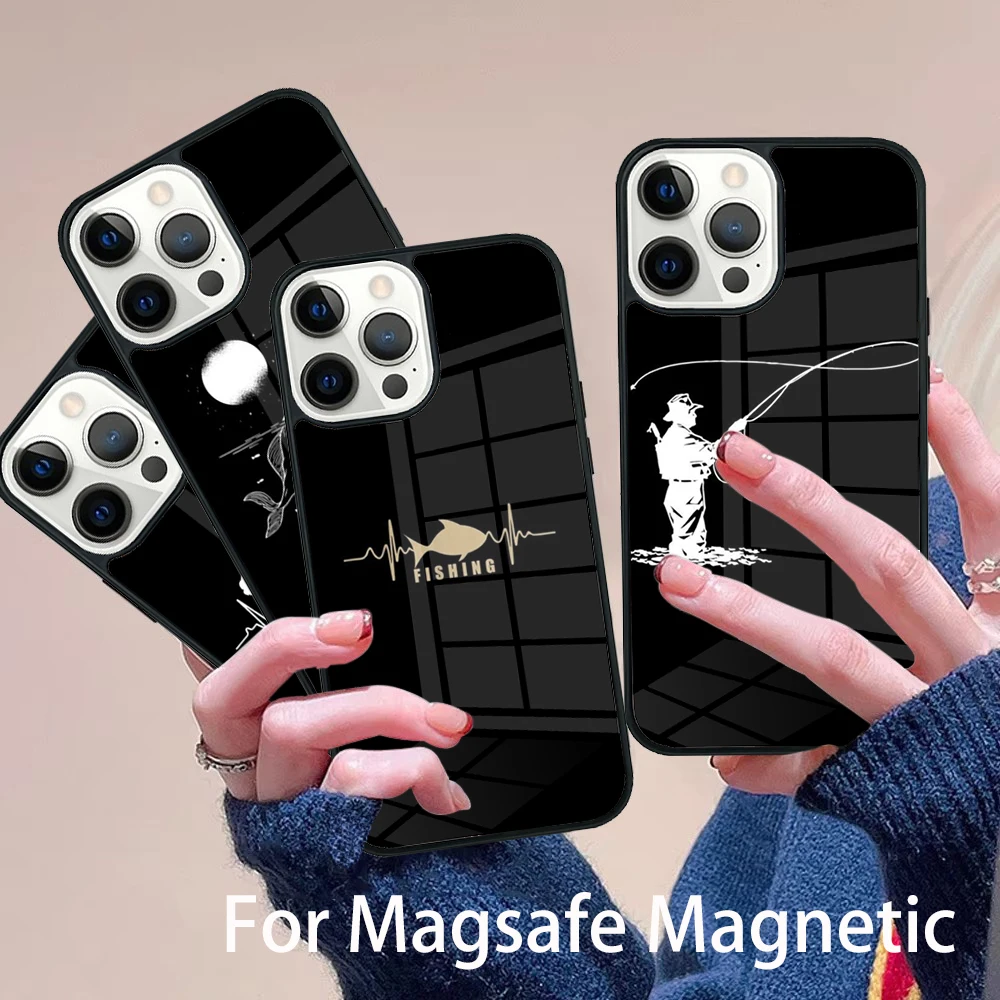 

Fishing Heartbeat Phone Case Magesafe Magnetic Wireless Charge Cover For IPhone 16 11 12 13 14 15 Pro Max Plus Mini