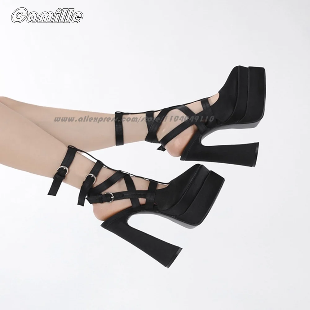 

Satin Belt Bckle Strap Chunky Heel Twine Play Sandals Pointed Toe Platform Sexy Shallow High Heels Size 35-42 Catwalk Style Shoe