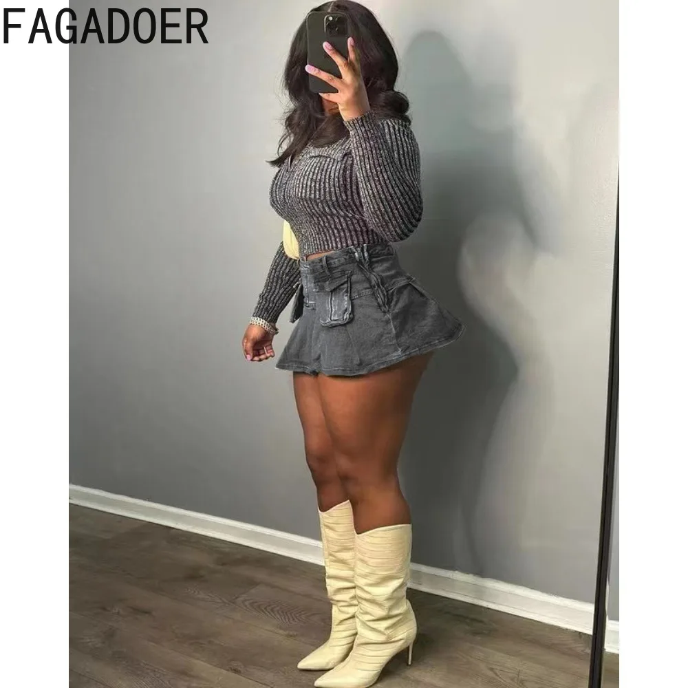 FAGADOER Fashion Y2K Streetwear Women High Waist Pocket A-line Mini Denim Skirts Summer New Female Cute Elasticity Skirt Bottoms