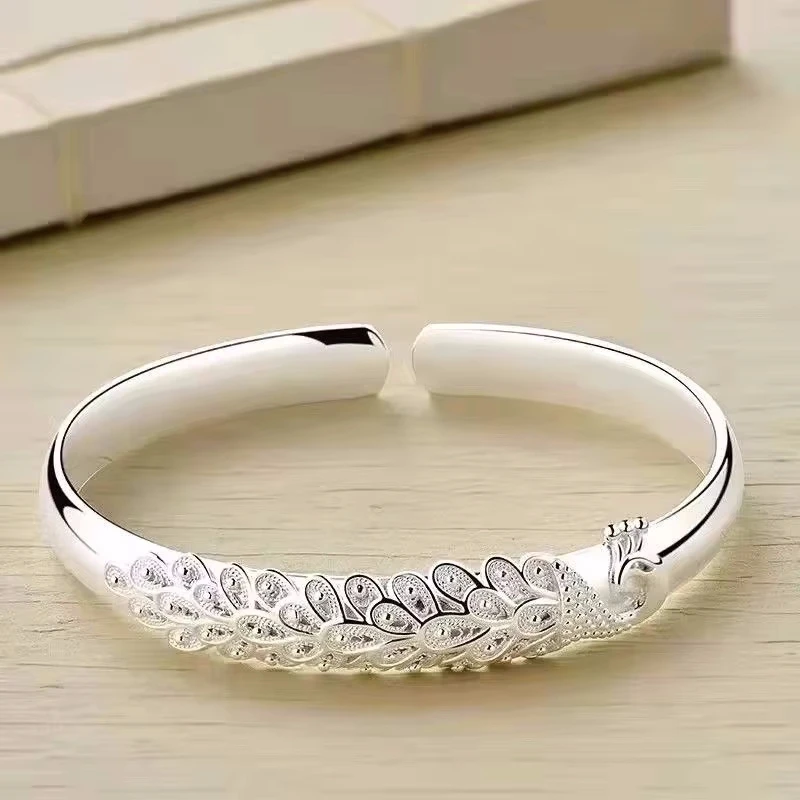 New 925 Sterling Silver Elegant Peacock Opening Screen Bracelet Bangles For Women Fashion Party Wedding Accessories Jewelry Gift