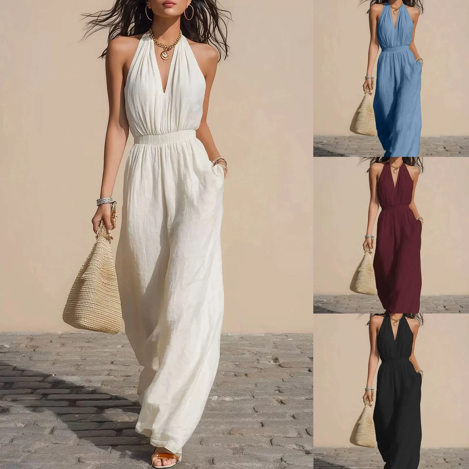 For Woman Jumpsuit V Neck Sleeveless Elastic Waist Romper High Waist Full Length Pockets Burgundy Blue Wide Leg